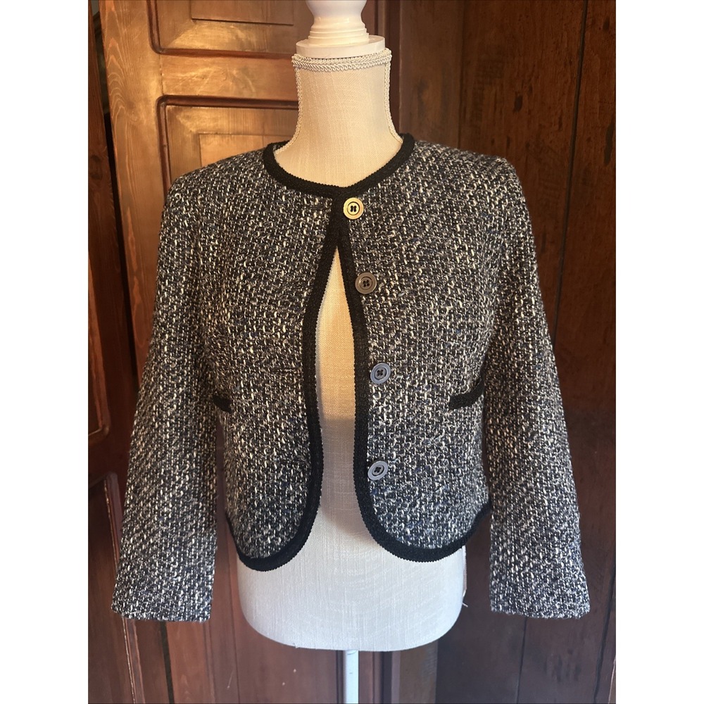 WOMENS Helene Berman Tweed Blazer Jacket Sz‎ XS Wool Mix Blue, Dark Trim EUC